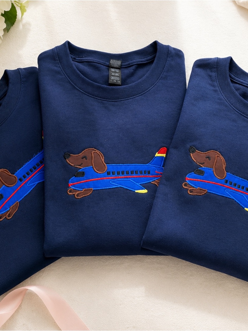Gildan Navy Short Sleeve Tee with Blue Plane & Brown Dachshund Applique